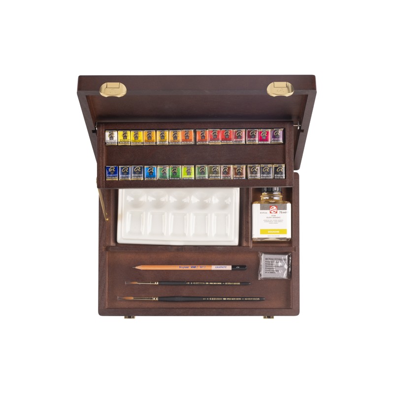 Coffret bois Professional aquarelle Rembrandt 28 demi-godets + accessoires
