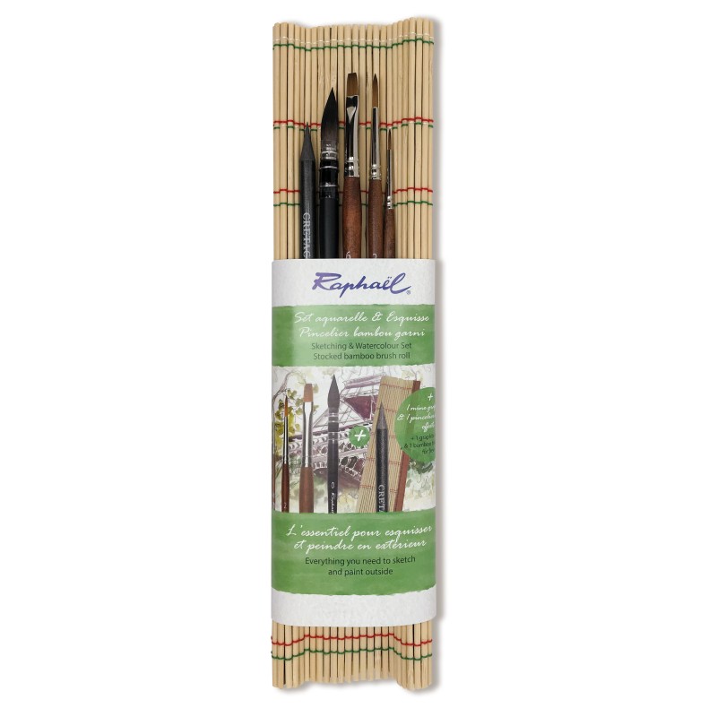 Set aquarelle 4 pinceaux Raphaël + mine de plomb en pincelier bambou