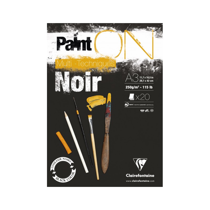 Bloc multi-technique Paint On Noir 250 g/m², 20 fls collées