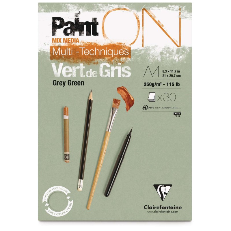 Bloc multi-technique Paint On vert de gris 250 g/m², 30 fls collées