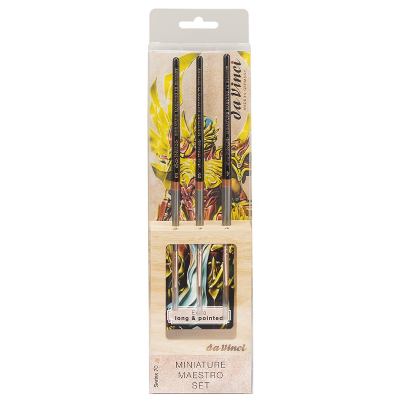 Set de 3 pinceaux miniatures longs Maestro série 70 avec support en bois