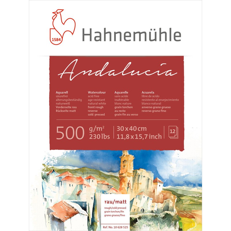 Bloc aquarelle Andalucia grain fin / torchon 500 g/m², 12 fls collées 4 côtés