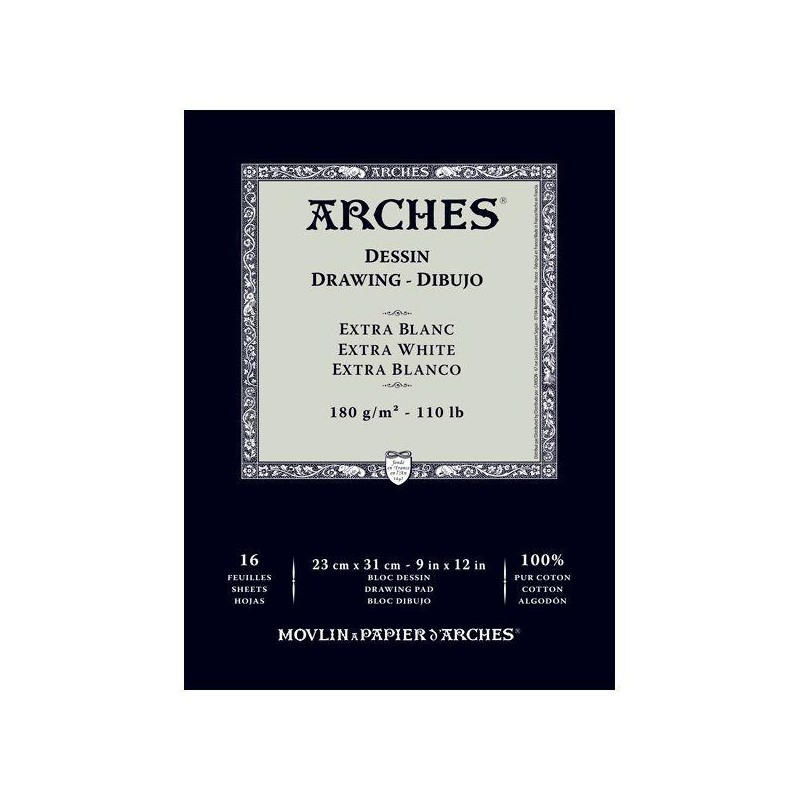 Blocs dessin extra-blanc Arches 180g/m² 100% coton, 16 fls 