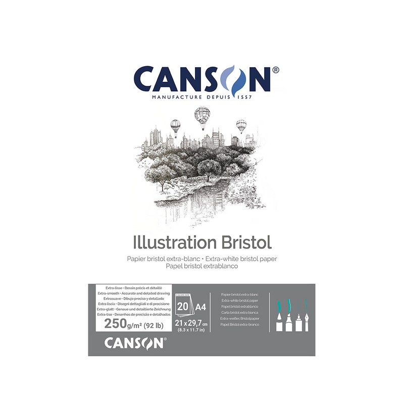 Blocs papier Bristol extra lisse 250g/m², 20 fls collées 1 côté