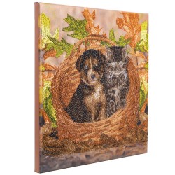 Kit tableau à diamanter Crystal Art 30x30cm - Chiot et chaton dans un panier