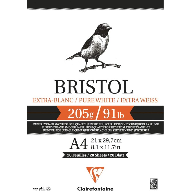 Bloc bristol 205 g/m² Clairefontaine, 20 fls collées