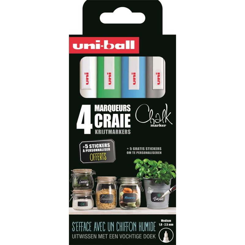 Set de 4 marqueurs craie Chalk assortis + 5 stickers noirs