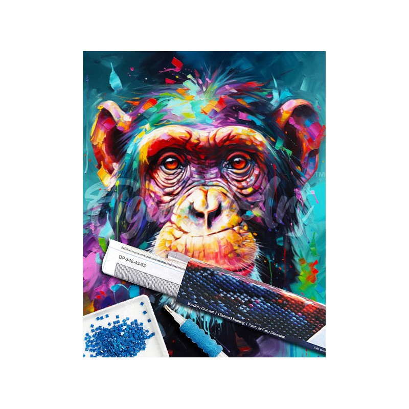 Broderie diamant 40x50cm sur toile roulée - Chimpanzé coloré abstrait