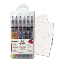 Set de 6 pinceaux à encre aquarellable Ink Brush + 10 cartes postales 10x15 cm