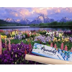 Peinture par numéros 40x50cm sur toile roulée - Fleurs et lac de montagne