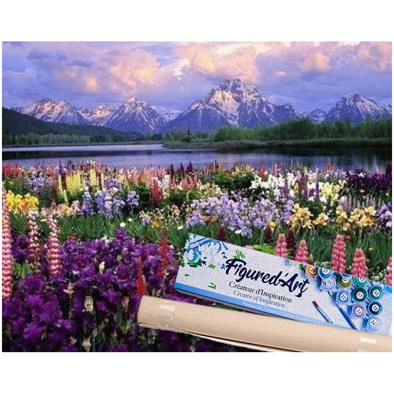 Peinture par numéros 40x50cm sur toile roulée - Fleurs et lac de montagne