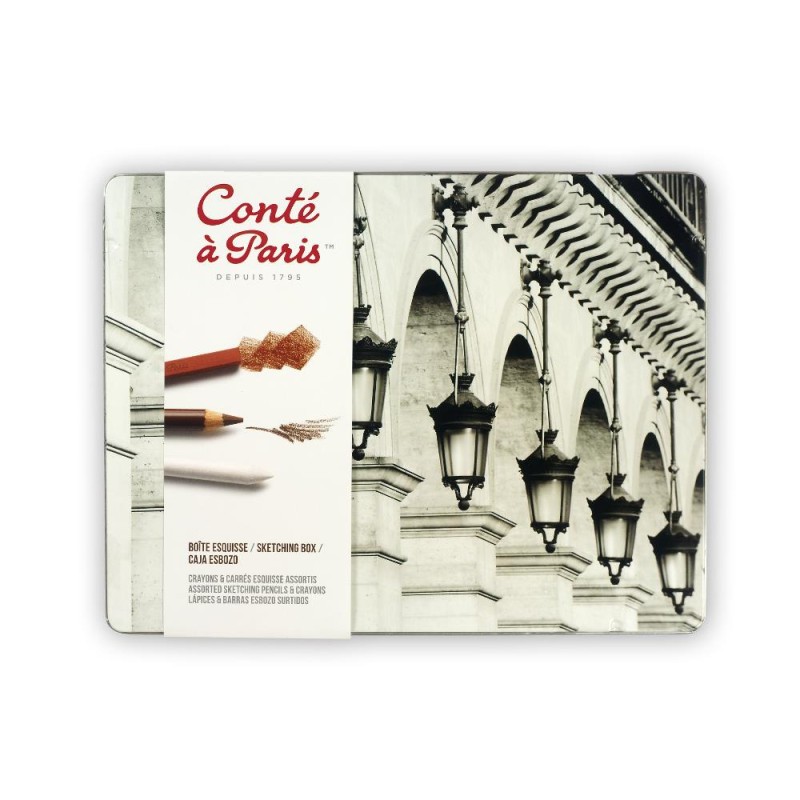 Boîte métal Esquisse 18 pcs Conté à Paris - Crayons et carrés