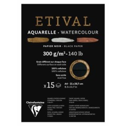 Bloc papier aquarelle noir Etival 300 g/m²,15 fls collées un côté