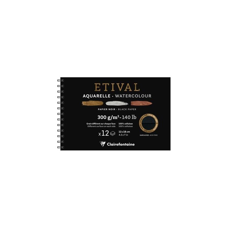 Bloc papier aquarelle noir Etival 300 g/m²,12 feuilles spiralées