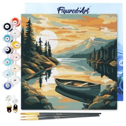 Peinture par numéros Lac de montagne et canoë sur châssis 20x20 cm