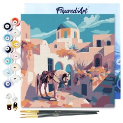 Peinture par numéros Cheval à Santorin sur châssis 20x20 cm