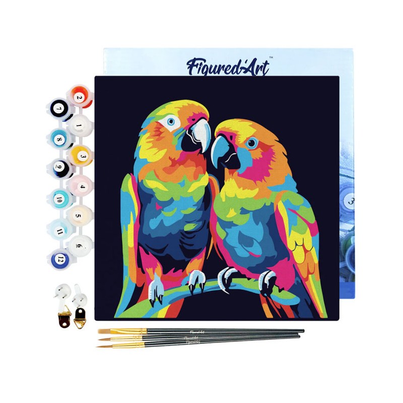 Peinture par numéros Perroquets Abstraits Pop Art sur châssis 20x20 cm
