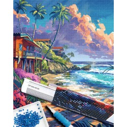 Broderie diamant 40x50cm sur toile roulée - Maisons en bord de plage
