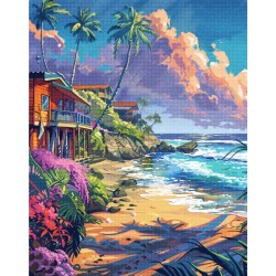 Broderie diamant 40x50cm sur toile roulée - Maisons en bord de plage