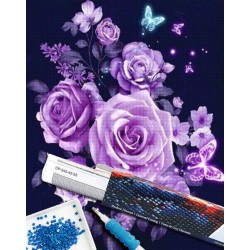 Broderie diamant 40x50cm sur toile roulée - Fleurs et papillons en violet