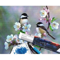 Broderie diamant 40x50cm sur toile roulée - Petits oiseaux et fleurs blanches