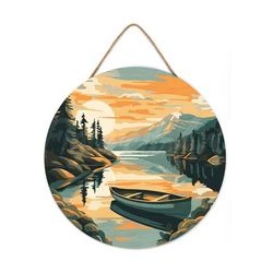Peinture par numéros "Lac de Montagne et Canoë" sur disque bois