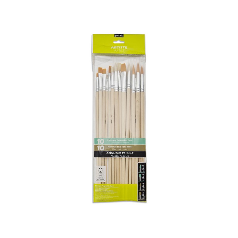 Pochette de 20 pinceaux à manche long en synthétique et soies beau blanc