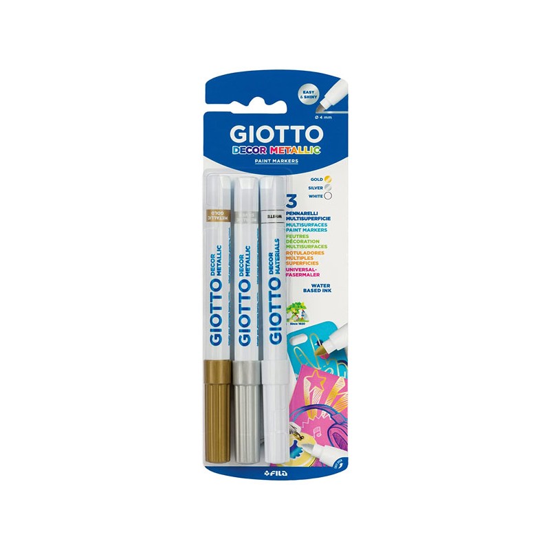 Set 3 marqueurs peinture Giotto Decor Metallic - Or, Argent et Blanc