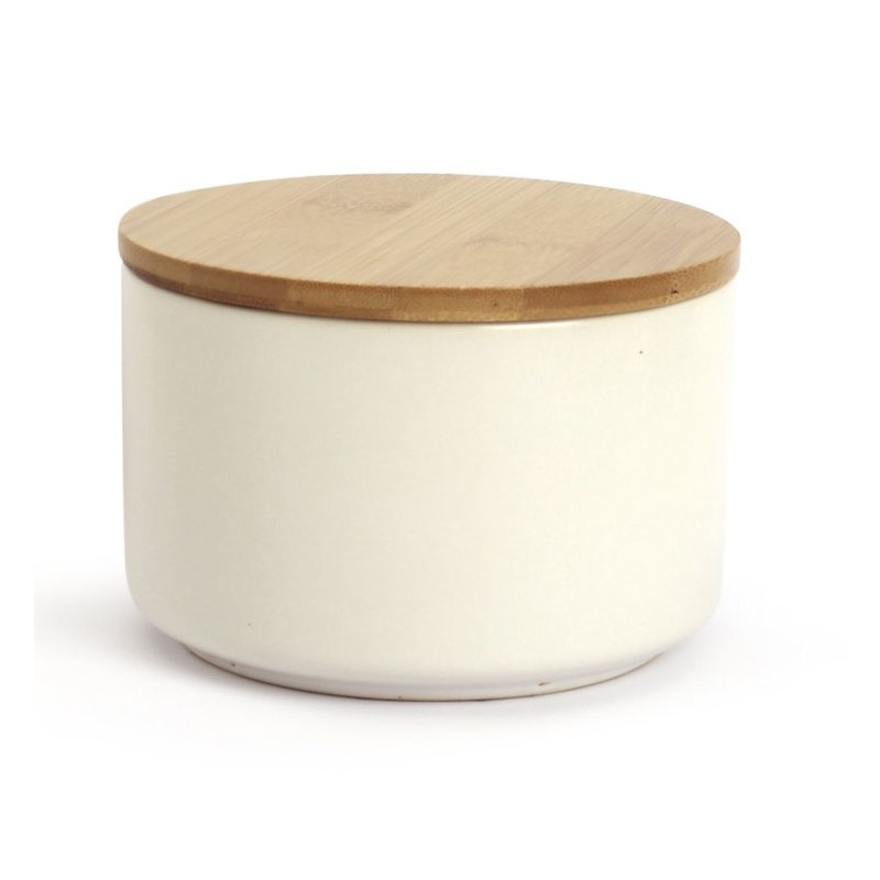 Pot à bougie en céramique blanc et couvercle bambou ø10x8,9cm
