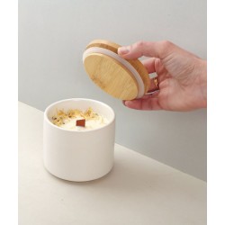 Pot à bougie en céramique blanc et couvercle bambou ø10x8,9cm