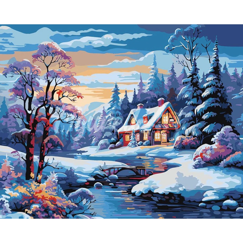Peinture par numéros Cottage de la rivière en hiver sur châssis 40x50 cm