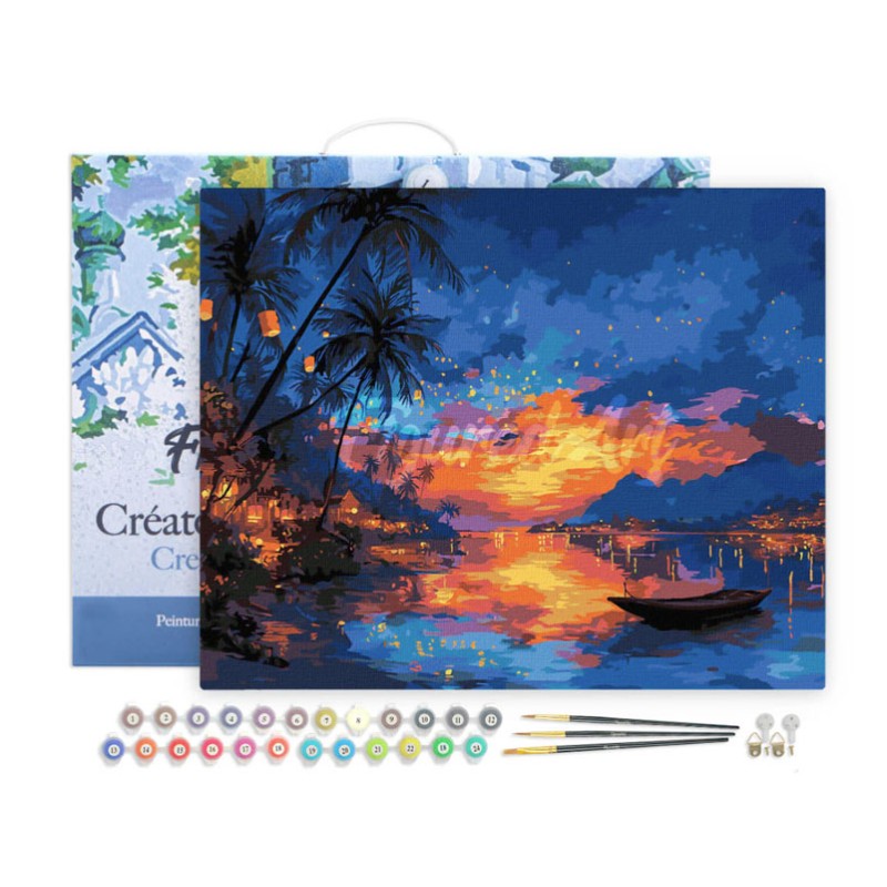 Peinture par numéros Coucher de soleil sur plage et lanterne sur châssis 40x50cm