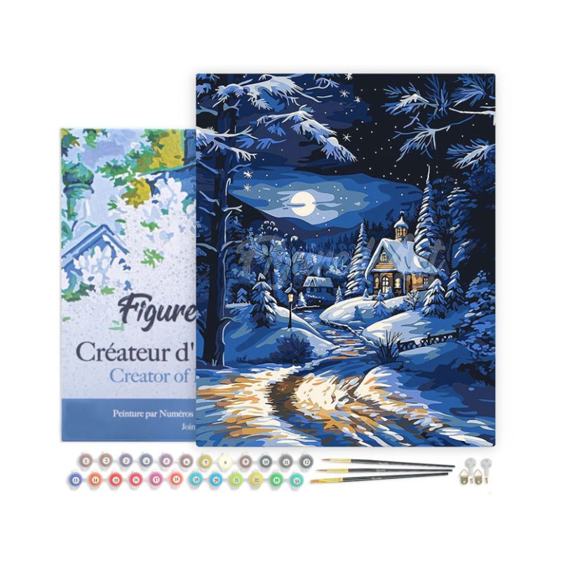 Peinture par numéros Cottage d’Hiver au Clair de Lune sur châssis 40x50cm
