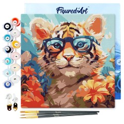 Peinture par numéros Bébé Tigre fantaisie et fleurs sur châssis 20x20 cm