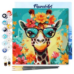 Peinture par numéros Girafe fantaisie et fleurs sur châssis 20x20 cm
