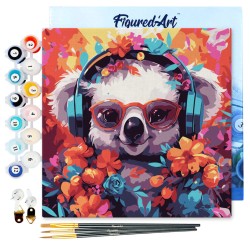 Peinture par numéros Koala fantaisie et fleurs sur châssis 20x20 cm
