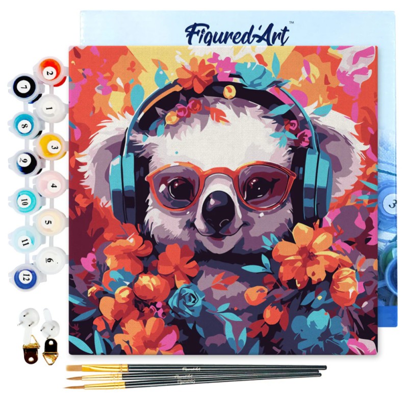Peinture par numéros Koala fantaisie et fleurs sur châssis 20x20 cm