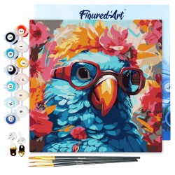 Peinture par numéros Perroquet fantaisie et fleurs sur châssis 20x20 cm