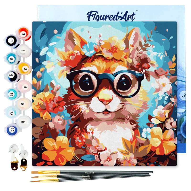 Peinture par numéros Écureuil fantaisie et fleurs sur châssis 20x20 cm